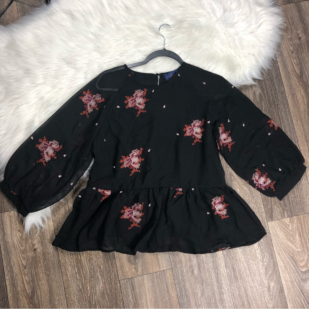 Blue Rain Black Floral Boho Top